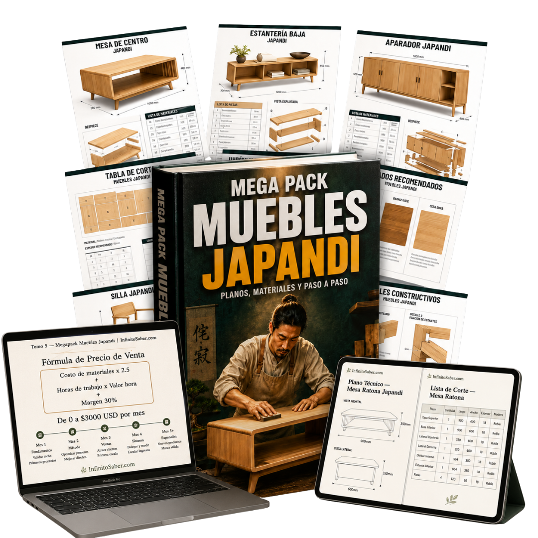 Megapack Muebles Japandi — mockup de libro, laptop y tablet con planos técnicos