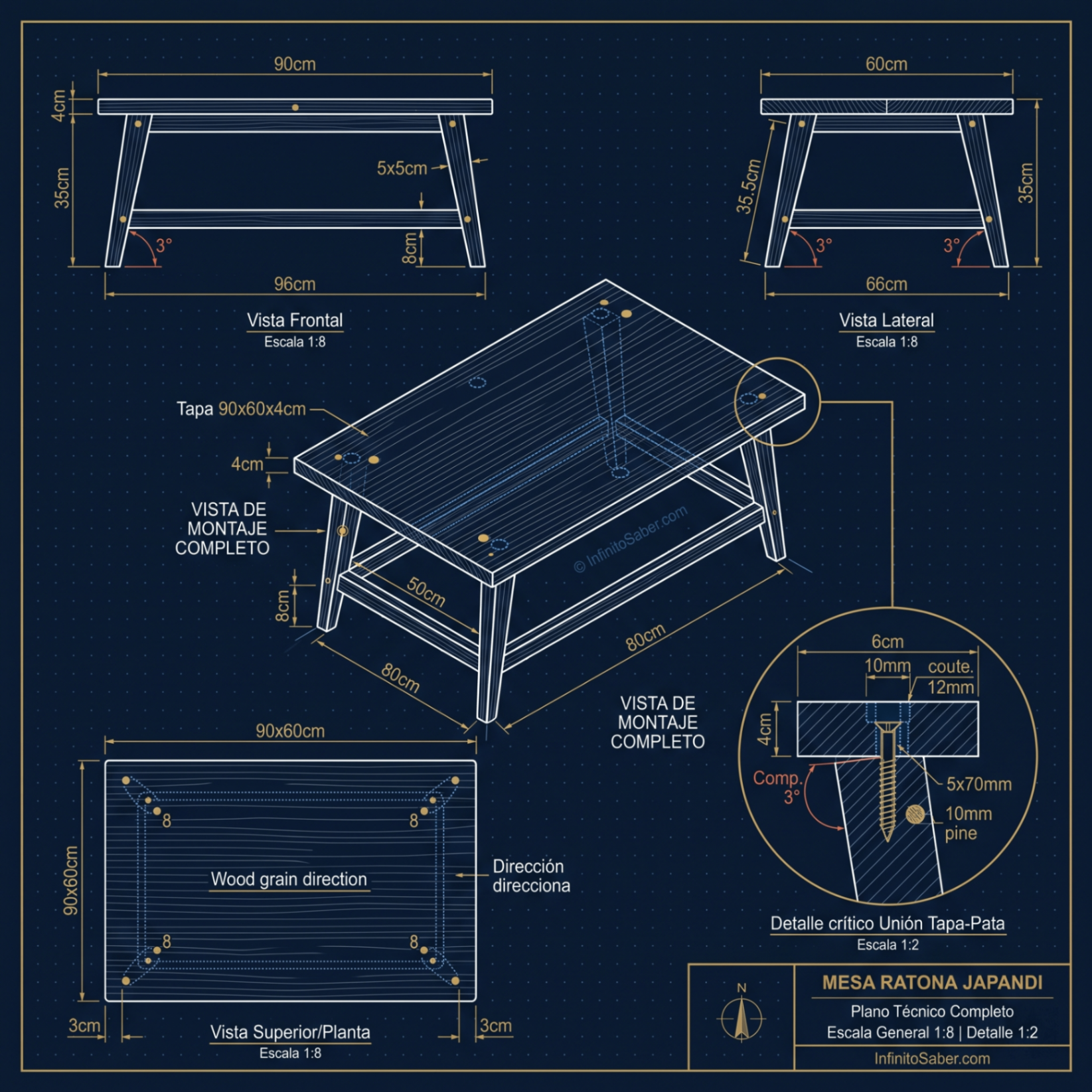 Mesa Ratona Japandi — Vistas técnicas completas + detalle de unión tapa-pata