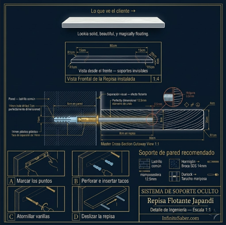 Repisa Flotante Japandi — Sistema de soporte oculto, detalle de ingeniería escala 1:1